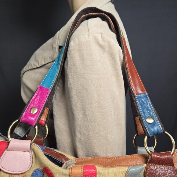 Boho Patchwork Leather Bag Studded Large Canvas Shoulder Handbag Tote Colorful - Picture 8 of 14